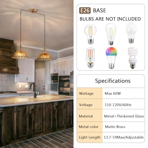Vintage 2 Light Pendant Light Fixtures Modern Brown Glass Hanging Lighting with Adjustable Cord for Kitchen Island Dining Room Living Room Hallway (2 Count)