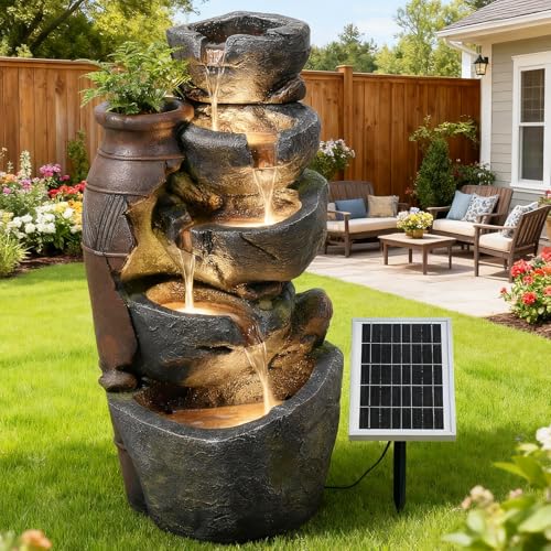 5 Tiers Solar Powered Cascading Rock Jar Water Fountain Outdoor