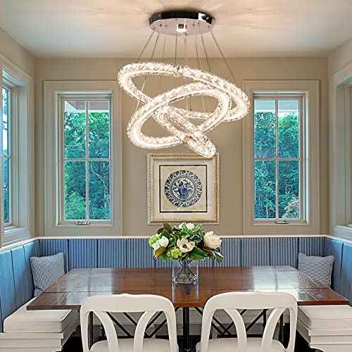 Dimmable LED Chandeliers Modern Crystal Chandeliers Ceiling Light Three Rings Pendant Light with Acrylic for Bedroom Dinning Room Hallway