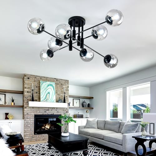 8 Light Glass Globe Ceiling Light Black Mid Century Flush Mount Sputnik Light Fixture Bubble Chandelier Living Room Farmhouse for Dining Room Kitchen Bedroom