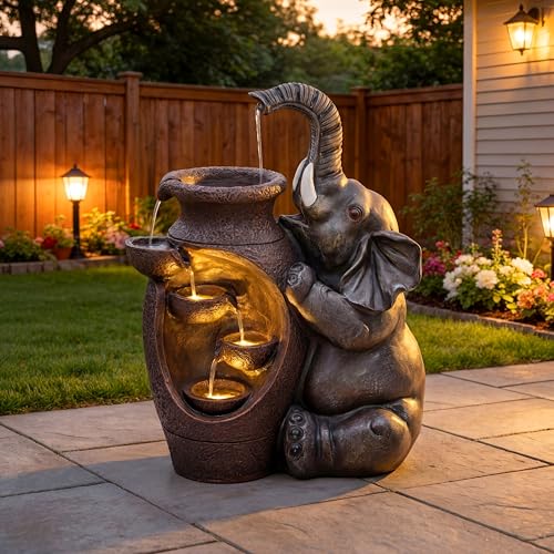 AUTODAYA 19" H Elephant Statue Outdoor Water Fountain with Warm LED Lights