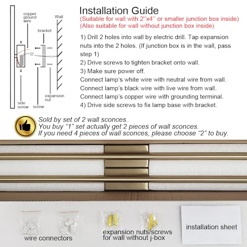 Only Suitable for Small Junction Box Set of 2 Hardwired Narrow Gold Wall Sconces Modern Picture Lights Linear Mirror Vanity Wall Lights for Bathroom Bedroom Corridor (2 Count)