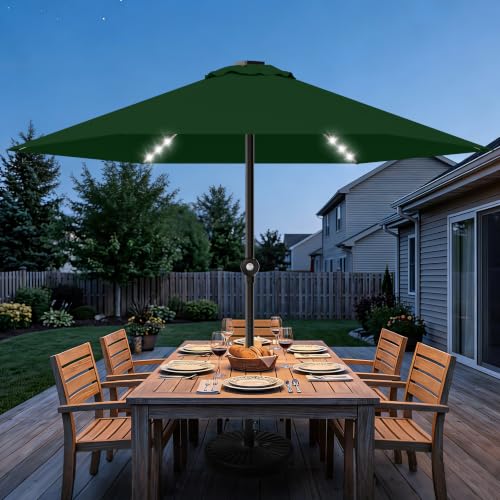 Patio Umbrella 9FT Solar Lights Push Up Outdoor Market Umbrella Dark Green