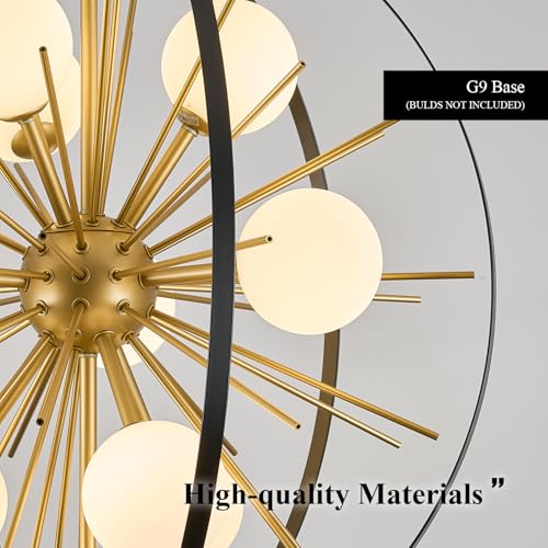 24" 9 Light Black Gold Sputnik Chandelier with Milk Glass Shade