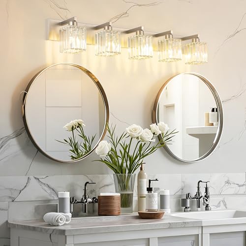 Brushed Nickel Bathroom Lighting Fixtures 5 Light Vanity Light Crystal Modern Bathroom Vanity Light