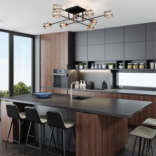 8 Light Crystal Ceiling Light Fixture Black and Gold Semi Flush Mount Ceiling Light Modern Chandeliers for Dining Room Kitchen Island Living Room Bedroom