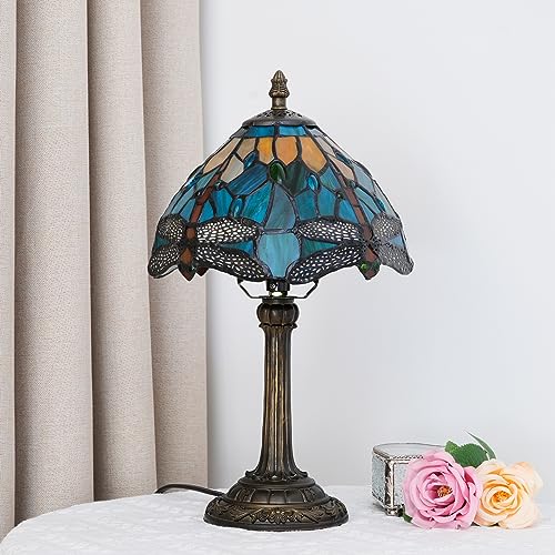 Tiffany Lamp Style Stained Glass Table Lamp Teal Dragonfly Green Bedroom Bedside Light for Office Dorm Bar Decor Retro Unique Cute fun Small Night Light Gift Aesthetic Accent Village Nightstand Lamps