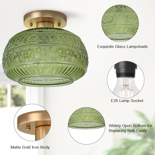 Vintage Green Semi Flush Mount Ceiling Light for Hallway Kitchen Bedroom