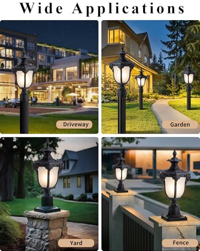 22" Black Dusk to Dawn Outdoor Post Light Fixture Vintage Large Waterproof Exterior Pole Lamp Fixture Mount Posts Lantern Head with Frosted Glass for House Garden Patio Pathway Yard Garage
