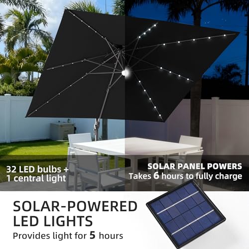 9x9 FT Cantilever Offset Patio Umbrella with Lights & Base