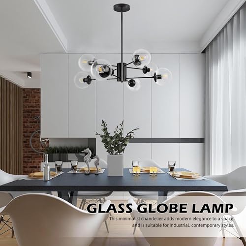 8 Light Globe Sputnik Chandelier Mid Century Sputnik Chandeliers Modern Black Chandelier with Clear Globe Pendant Light Clear Glass Adjustable Hanging Ceiling Light for Living Dining Room