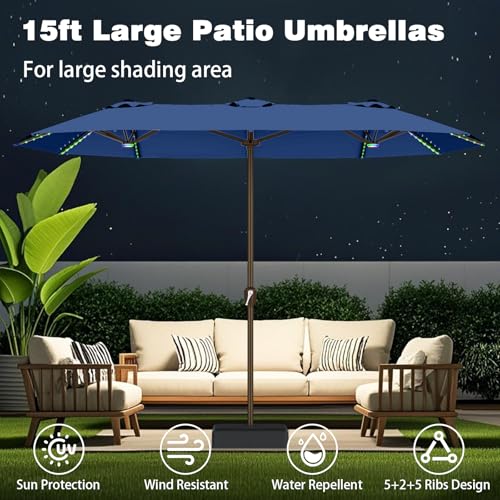 15FT Large Rectangular Patio Umbrella with Solar Lights