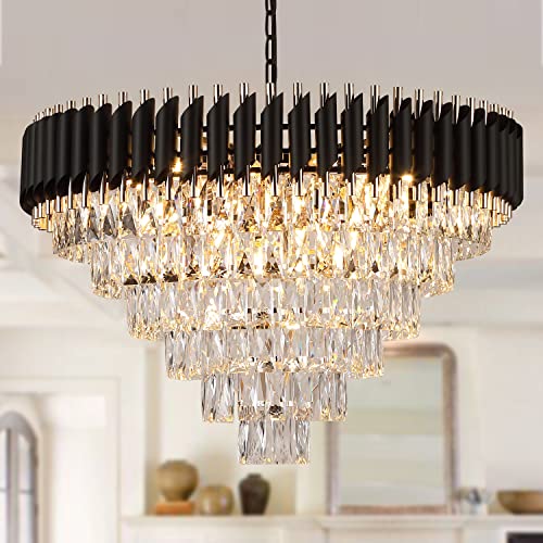 Black and Gold Crystal Chandeliers 30” Modern Dining Room Chandelier Round