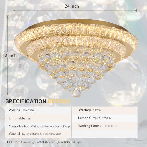 24" Gold Crystal Flush Mount Chandelier Modern LED Ceiling Light Fixture