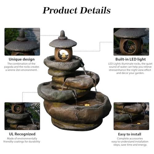 25.2" H 4 Tiered Pagoda and Imitation Rock Outdoor Water Fountain
