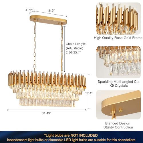 Modern Rectangular Chandelier Gold Crystal Chandeliers for Dining Room