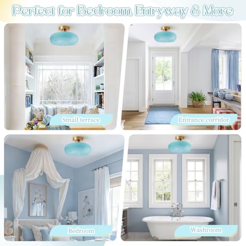 Lighting Mid Century Glass Flush Mount Ceiling Light Nordic Round Semi Flush Mount Ceiling Light Fixtures wtih Blue Dome Glass Shade Bathroom Overhead Lights Hallway Lights Fixture