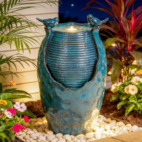 Autodaya 25" H Jar Ceramic Outdoor Water Fountain with LED Lights and Birds