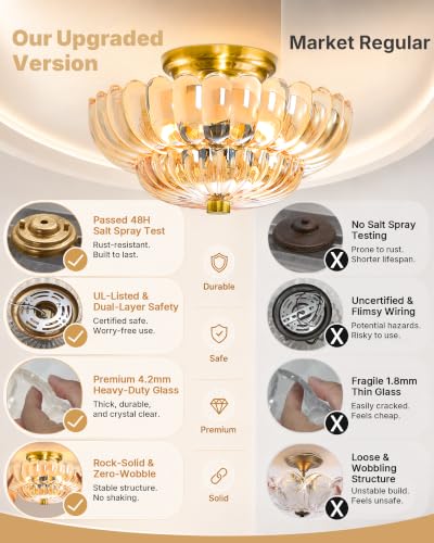 Semi Flush Mount Ceiling Light Fixture 11.8" Vinatge Gold Ceiling Lights Mid Century Modern Glass Close to Ceiling Lighting Fixtures for Bedroom Hallway Foyer Bathroom Kitchen Entryway
