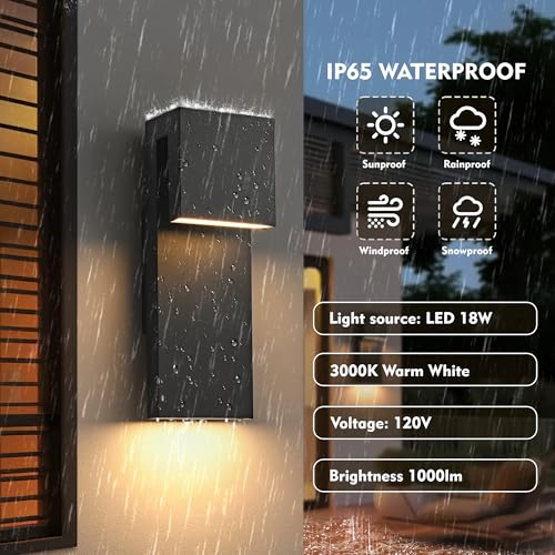 Modern LED Outdoor Wall Light 3000K 18W IP65 Waterproof Integrated LED Outdoor Wall Sconce Anti Rust Black Porch Lights Exterior Lighting Outside Lights Fixture for Garage (2 Count)