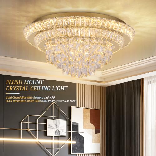 24" Gold Crystal Flush Mount Chandelier Modern LED Ceiling Light Fixture