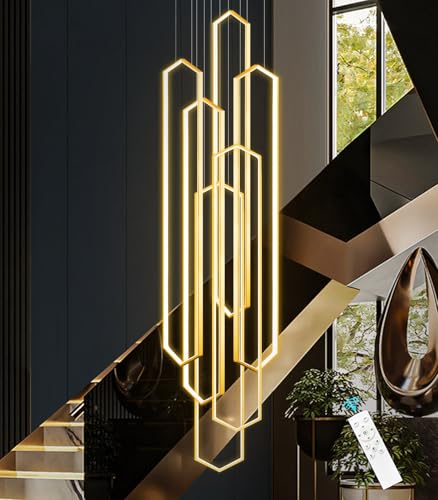 6 Rings Gold Modern Long Large Chandelier Dimmable LED High Ceiling Chandelier for Living Room Foyer Staircase Enterway Big Hanging Light Fixture Modern Ceiling Light