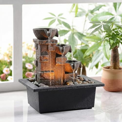 3 Tier Stone Wall Tabletop Water Fountain with Natural River Rocks