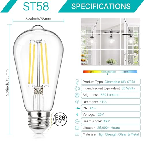 Dimmable Vintage LED Edison Bulbs 60W Equivalent 6W 850 Lumens (12 Count)