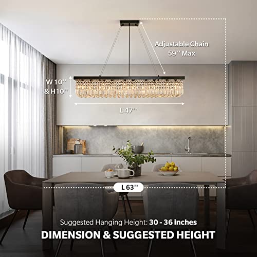 7PM Rectangle K9 Crystal Chandelier Modern Rectangular Pendant Lighting Fixture for Dining Room Kitchen Island Bedroom Black L47'' x W10'' x H10''