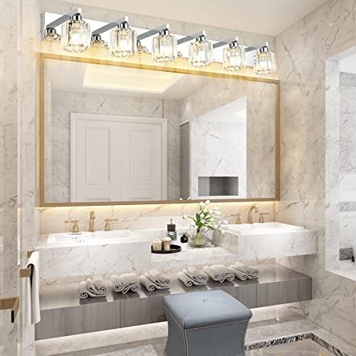 Bathroom Vanity Light Crystal Vanity Lighting Fixtures 6 Lights Chrome Vanity Light for Bathroom