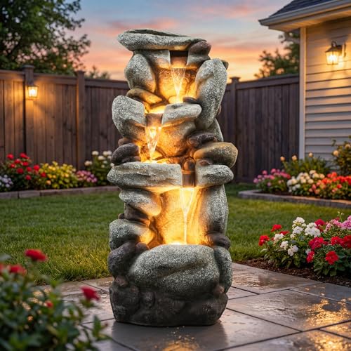 Utym 40" H Oversized Pebbles Rock Outdoor Fountain with Warm LED Lights