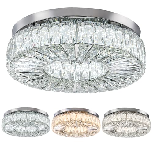 16.5 Inch Dimmable Chandelier with Remote Control LED Crystal Chandelier Modern Flush Mount Ceiling Light Fixtures for Living Room Bedroom Dining Room Entrance