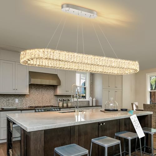 Modern Oval Crystal Chandelier for Dining Room Rectangular Ceiling Light Fixture Dimmable LED Chandeleirs for Living Room Kitchen Island Silver