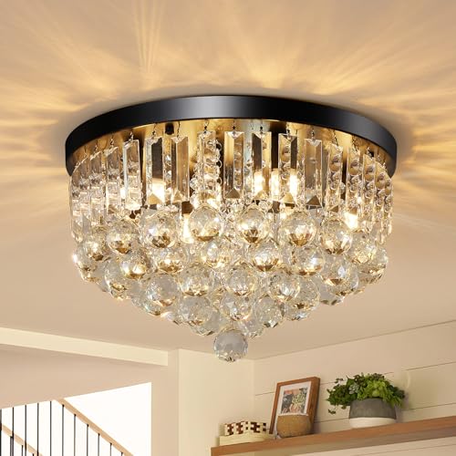 8 Light Modern Crystal Chandelier Black Metal G9 Base Flush Mount Round Light Fixture Ceiling Lamp Farmhouse for Dining Living Room Laundry Foyer Kitchen Balcony Bedroom