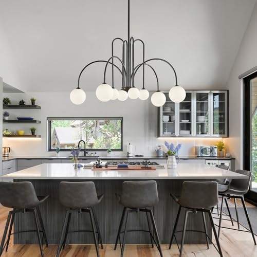 Black Sputnik Chandelier with Milk Glass Globe 8 Lights L41 Inch