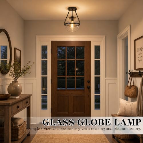 10" Mid Century Ceiling Light Modern Black Semi Flush Mount Ceiling Light with Clear Glass Shade Globe Semi Flush Mount Ceiling Light Fixture for Bedroom Hallway Bathroom Foyer