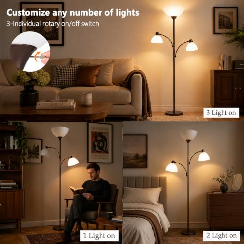 3 Head Torchiere Floor Lamps with 2 Reading Lamp for Living Room (Brown)