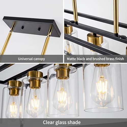 5 Light Dining Room Light Fixture Modern Farmhouse Chandeliers Over Table Black & Brushed Brass Gold Rectangular Pendent Lighting for Kitchen with Glass Shade Hanging Industrial Ceiling Light
