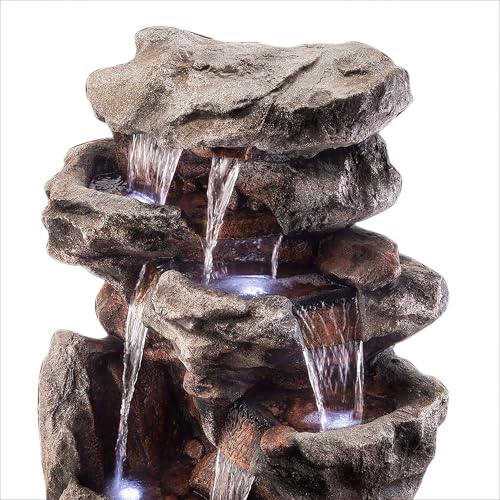 WIN730 Outdoor Floor Tiered Rock Waterfall Fountain with LED Lights and Natural Stone Look