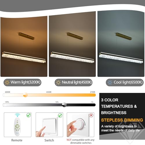 Modern Chandelier Gold Led Crystal Linear Pendant Lights Kitchen Island Lighting Minimalist Dimmable Ceiling Hanging Light Fixture Dining Room with Remote Control