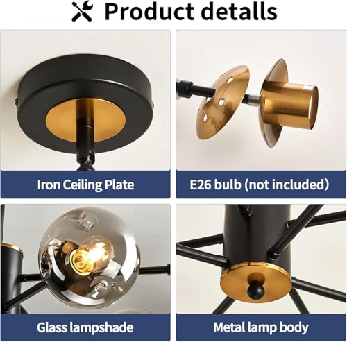 8 Light Sputnik Chandelier with Glass Globe Black and Gold Dinning Light Fixture Modern Mid Century Ceiling Light for Lliving Room Master Bedroom Kitchen