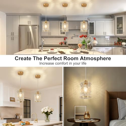 Gold Pendant Lights Kitchen Island 1 Pack Modern Water Ripple Glass Pendant Lights Mini Chandelier Adjustable Hanging Pendant Lighting for Kitchen Island Dining Room Over Sink Table Entryway