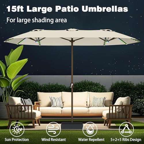 15FT Large Rectangular Patio Umbrella with Solar Lights