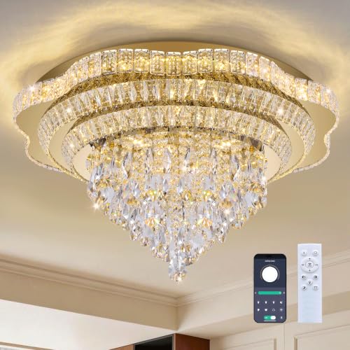 30" Gold Crystal Flush Mount Chandelier Modern LED Ceiling Light Fixture