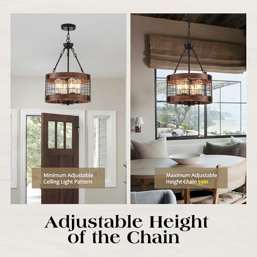 4 Light Farmhouse Drum Wood Pendant Light