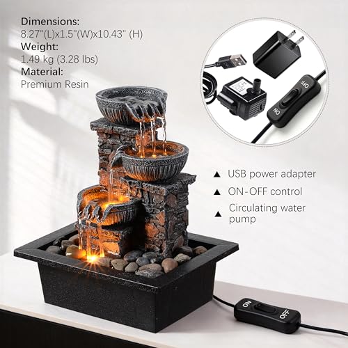 Tabletop Waterfall Fountain 3 Bowls with LED Light