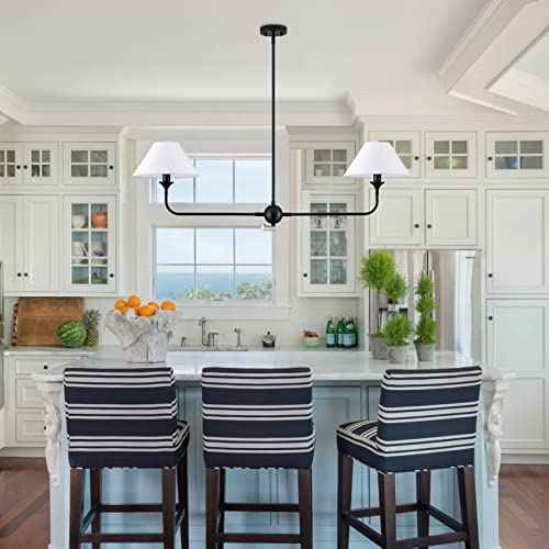 Modern Linear Chandelier, 2-Light Linear Kitchen Island Lighting Fixture with Off-White Fabric Shade, Rustic Pendant Light for Dining Room Bedroom