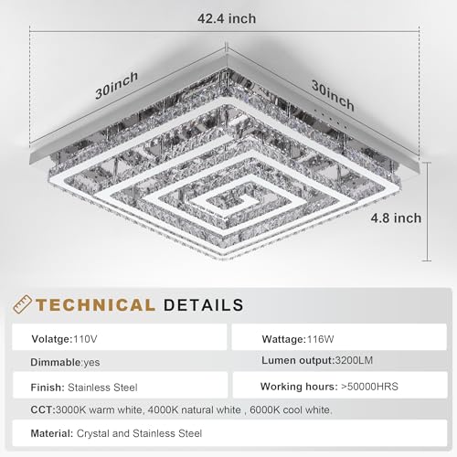 43 inch Silver Crystal Chandeliers LED Ceiling Light