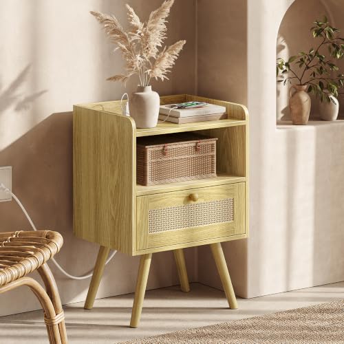 Nightstand with Charging Station & Rattan