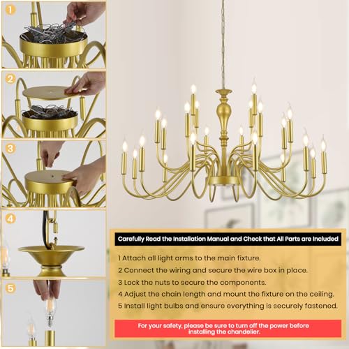 24 Light Large Gold Chandelier Farmhouse Chandeliers for High Ceiling Foyer